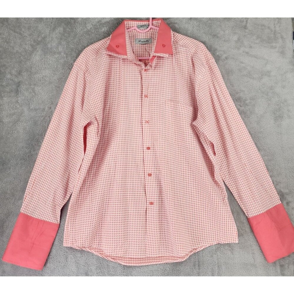 Fratello Shirt Mens 17 1/2 Coral Hounds Tooth Button Up French Cuff Long Sleeve
